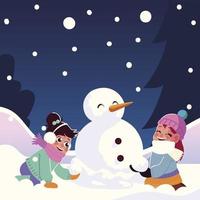 cute little girls with snowman playing falling snow vector