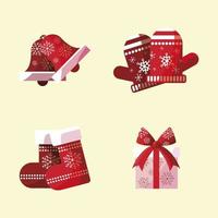 feliz navidad decorativos mitones calcetines regalo y campana con copos de nieve vector