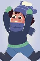 little boy with winter clothes hands up character vector