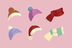 Sombreros de invierno y bufanda de punto diseño de iconos de ropa accesoria vector