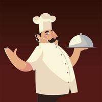 chef in white hat with dish worker restaurant vector