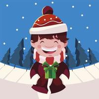 merry christmas boy kid with gift vector design