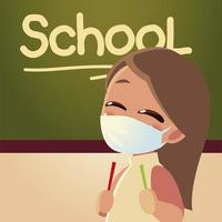 Back to school of girl kid with medical mask and board vector design