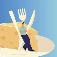 man with cutlery and cheese on dish food design