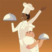 male and female chef with platter worker service restaurant vector