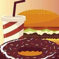 food burger chocolate donut and soda wtih straw vector