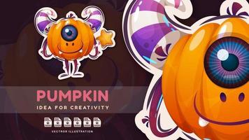 Cartoon character pumpkin with magic wand - cute sticker. vector