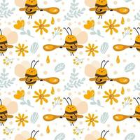 Seamless scandinavian kid pattern of cute bee with honey spoon vector