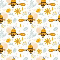 Seamless scandinavian kid pattern of cute bee with honey spoon vector