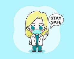 cute doctor girl wearing masker cartoon illustration vector