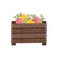 Apples in wooden box, autumn harvest. Illustration in flat style vector