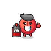 the muscular cricket ball character is holding a protein supplement vector