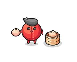 cute cricket ball character eating steamed buns vector