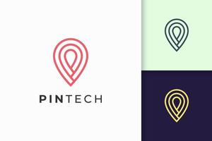 Pin logo or marker in simple line shape represent technology vector