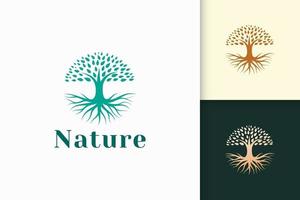 Logotipo de árbol circular con raíz en color verde y forma moderna vector