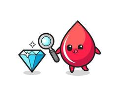 blood drop mascot is checking the authenticity of a diamond vector