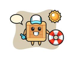 mascota de dibujos animados de caja de madera como guardia de playa vector