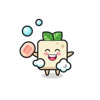 personaje de tofu se está bañando mientras sostiene jabón vector