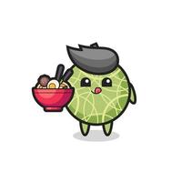 cute melon fruit character eating noodles vector