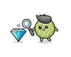 melon fruit mascot is checking the authenticity of a diamond vector