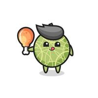 melon fruit cute mascot is eating a fried chicken vector