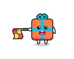 gift box character as line judge hold the flag straight horizontally vector