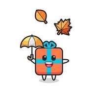 cartoon of the cute gift box holding an umbrella in autumn vector