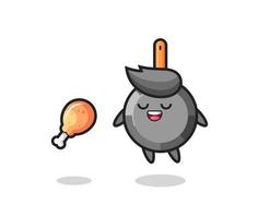 cute frying pan floating and tempted because of fried chicken vector