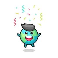 happy earth mascot jumping for congratulation with colour confetti vector