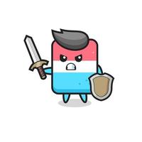 cute eraser soldier fighting with sword and shield vector