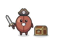 the coffee bean pirate character holding sword beside a treasure box vector