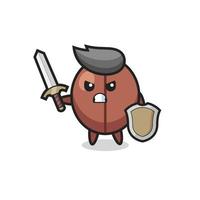 Lindo soldado de grano de café luchando con espada y escudo vector