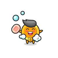 dollar currency coin character is bathing while holding soap vector