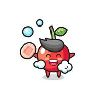 cherry character is bathing while holding soap vector
