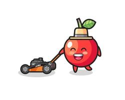 illustration of the cherry character using lawn mower vector