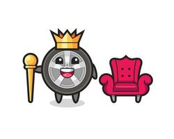 caricatura de mascota de rueda de coche como rey vector