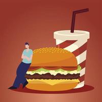 Hombre y hamburguesa de comida rápida y refresco. vector