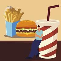 Hombre con hamburguesa, papas fritas y refrescos para llevar, comida vector