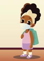 regreso a la escuela de niña afro con diseño de vector de máscara médica