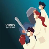 covid 19 virus protection and doctors with masks and shields vector