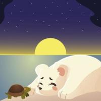 linda tortuga y oso polar durmiendo animal de dibujos animados vector