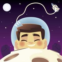 space floating astronaut spaceship planet and moon cartoon vector