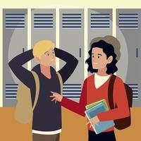 students boys talking in the hall with lockers background vector