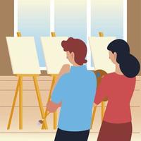 paint class art, man and woman looking an empty canvas in studio vector