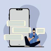 man using smartphone and headphones, chat bubbles vector