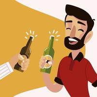 carácter de hombre y botellas de mano de cerveza clebration vector