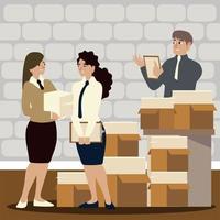 business people employees with many boxes full of papers vector