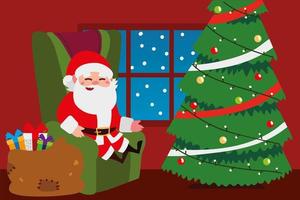 feliz navidad santa sentado en el sofá con árbol y regalos vector