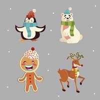 merry christmas penguin reindeer bear deer and gingerbread vector