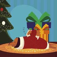 Feliz navidad perro y hámster con suéter durmiendo junto al árbol vector